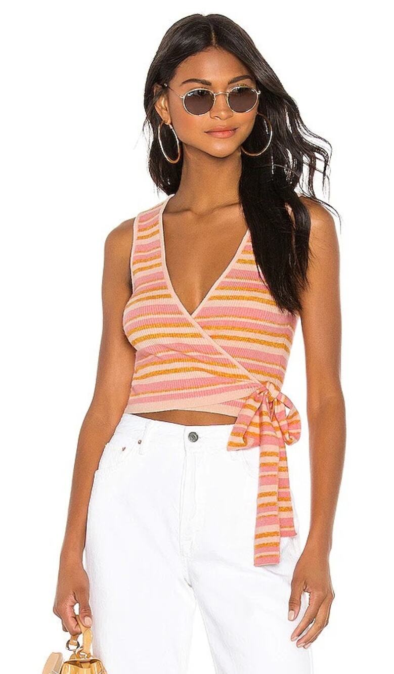 L’ACADAMIE Gina Draped Cropped Tank Wrap Vest Pink Lemon Stripe | Small